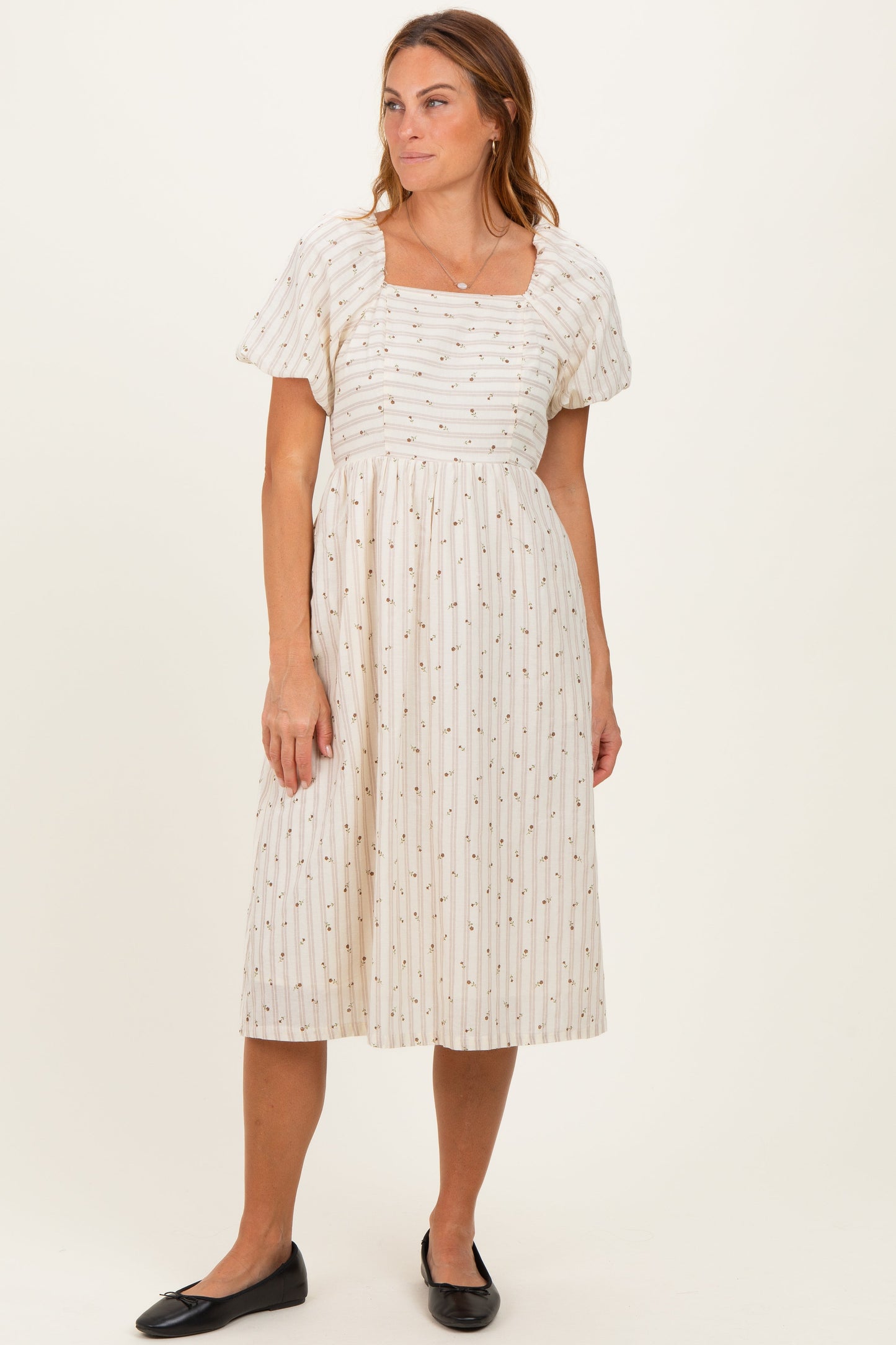 Beige Square Neck Striped Maternity Dress