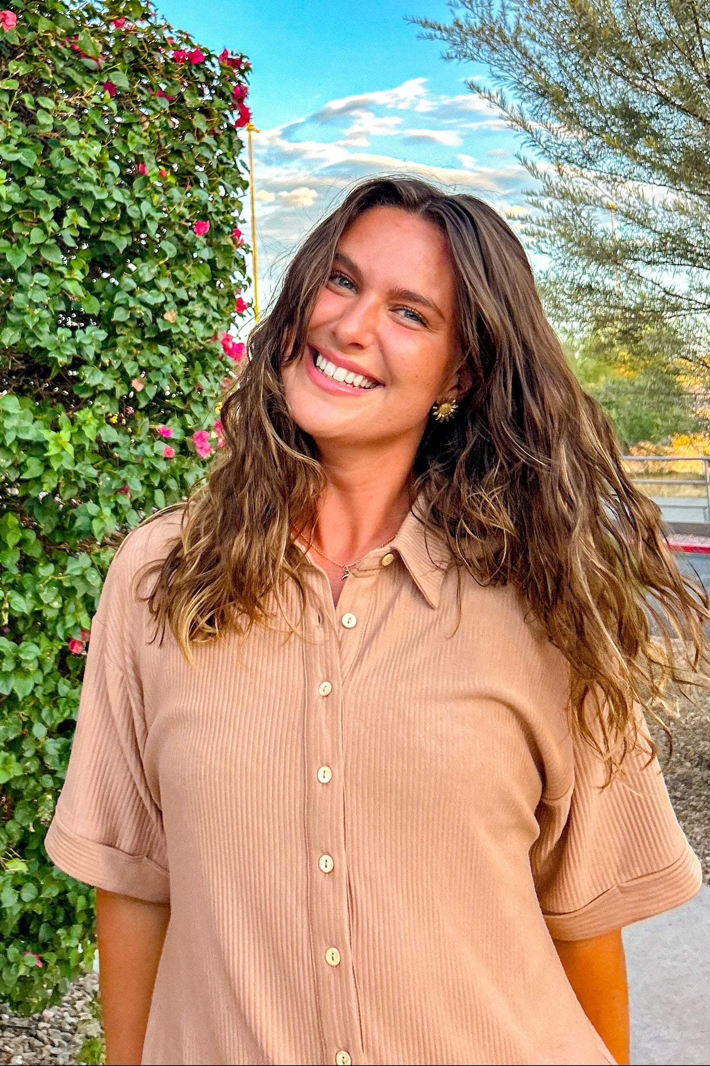 Almond Ribbed Button Down Romper