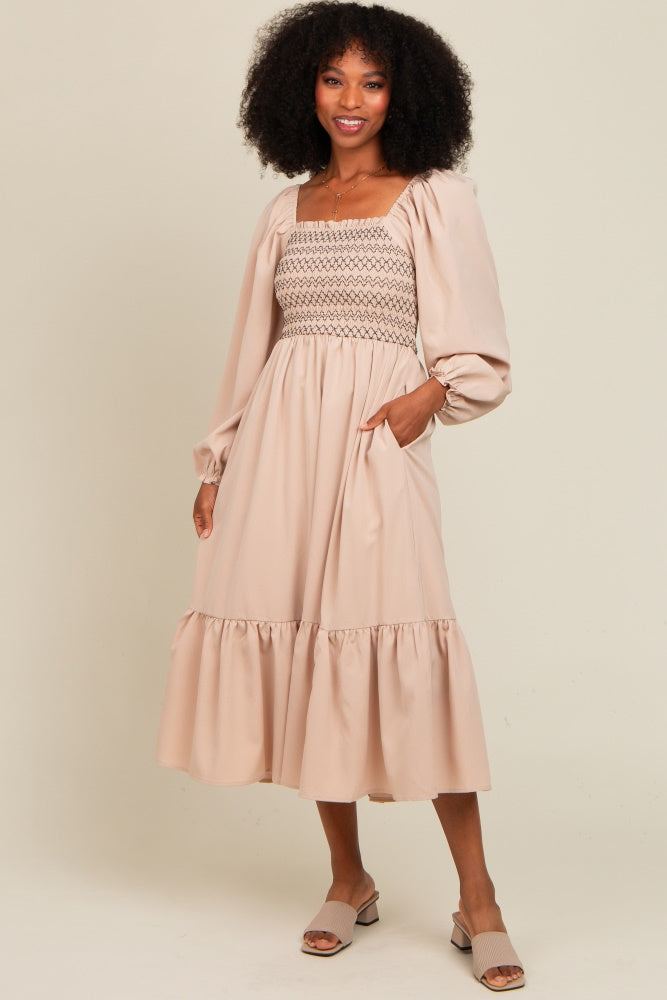 Beige Contrast Smocked Balloon Sleeve Maternity Midi Dress