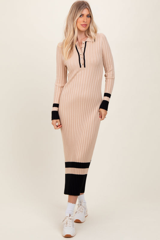Beige Contrast Trim Knit Polo Midi Dress