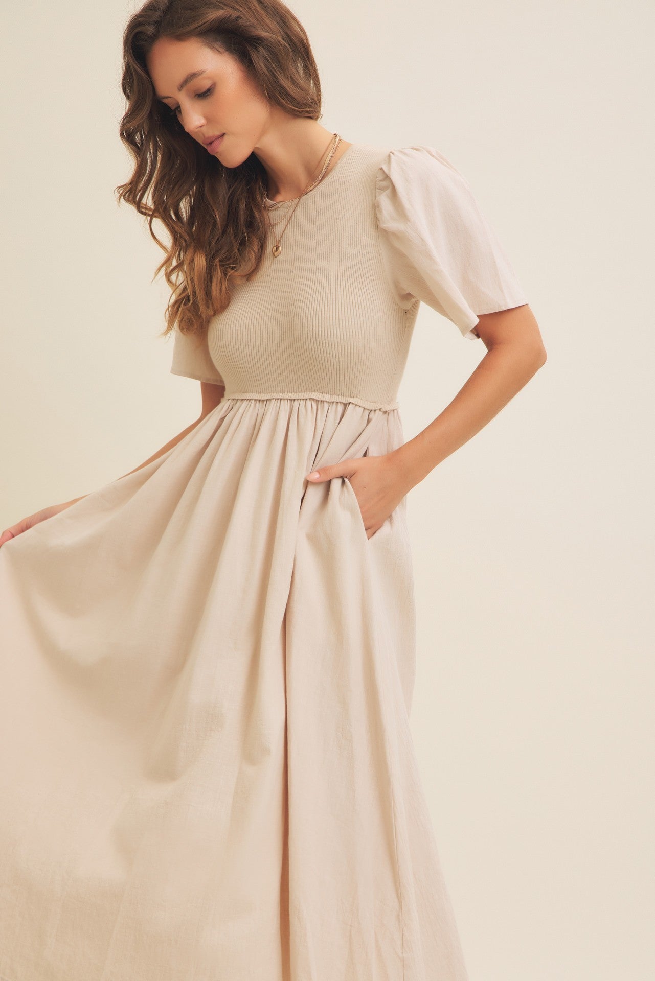 Beige Ribbed Knit Contrast Top Midi Dress