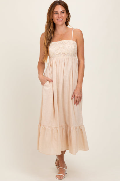 Beige Floral Embroidery Back Ribbon Midi Dress
