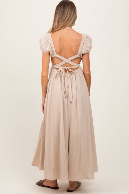 Beige Square Neck Smocked Top Criss Cross Back Tie Maternity Maxi Dress
