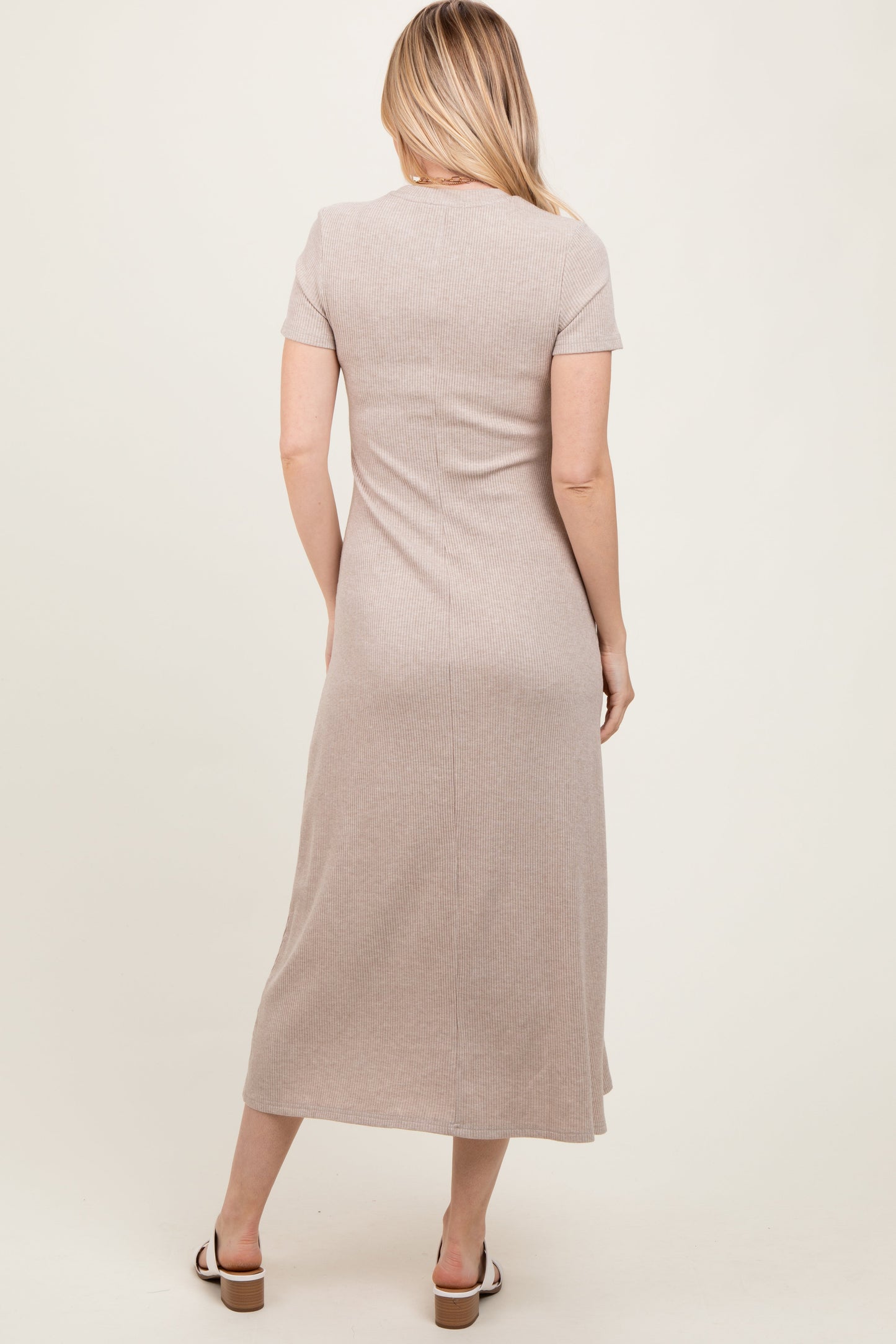 Beige Ribbed Short Sleeve Midi Dress