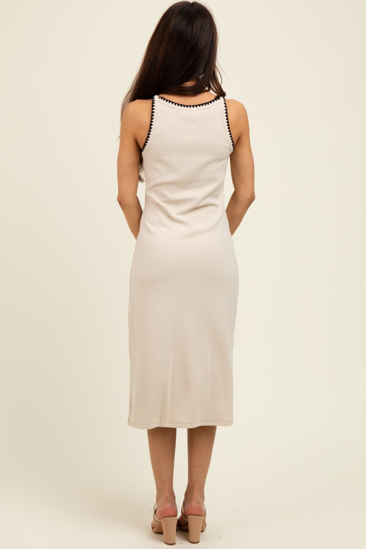 Beige Ribbed Knit Embroidered Midi Dress