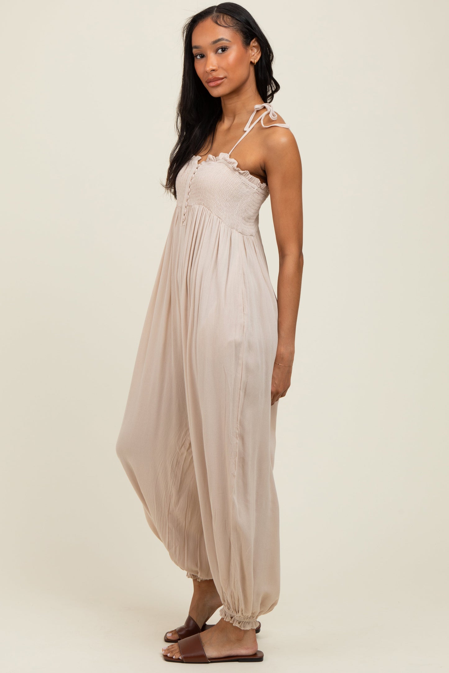 Beige Smocked Button Front Shoulder Tie Jumpsuit