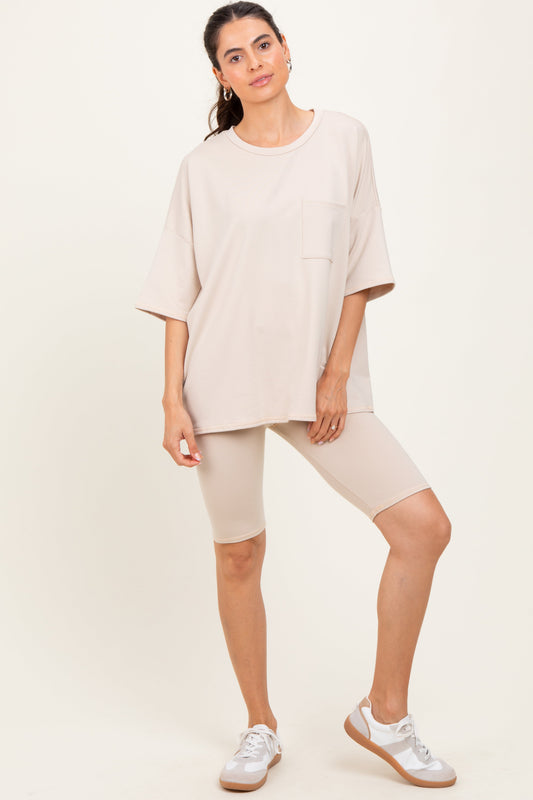 Beige Oversized Short Sleeve Biker Short Set