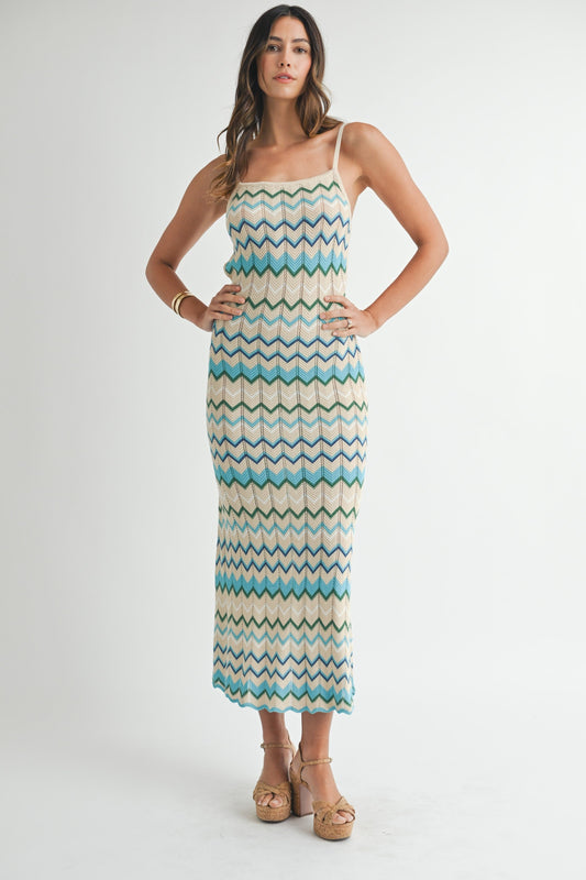 Aqua Pointelle Chevron Knit Open Back Midi Dress