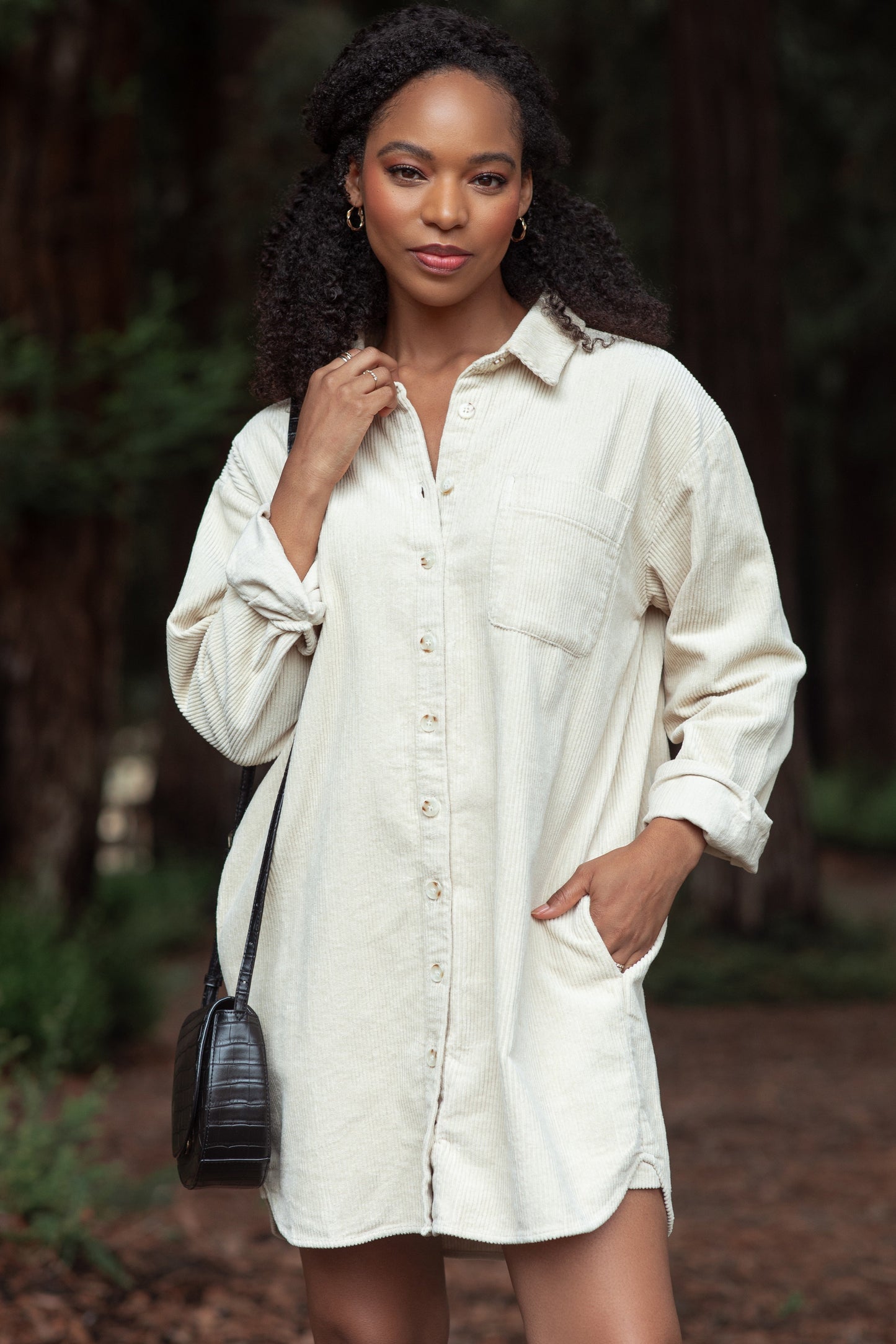 Beige Corduroy Shirt Mini Dress