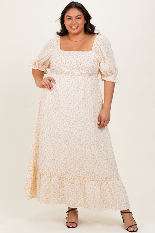Beige Floral Print Square Neckline Plus Maxi Dress