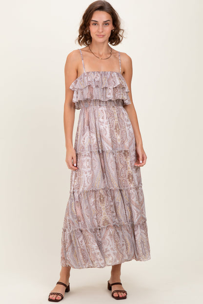 Beige Paisley Ruffle Tiered Shoulder Tie Maternity Maxi Dress