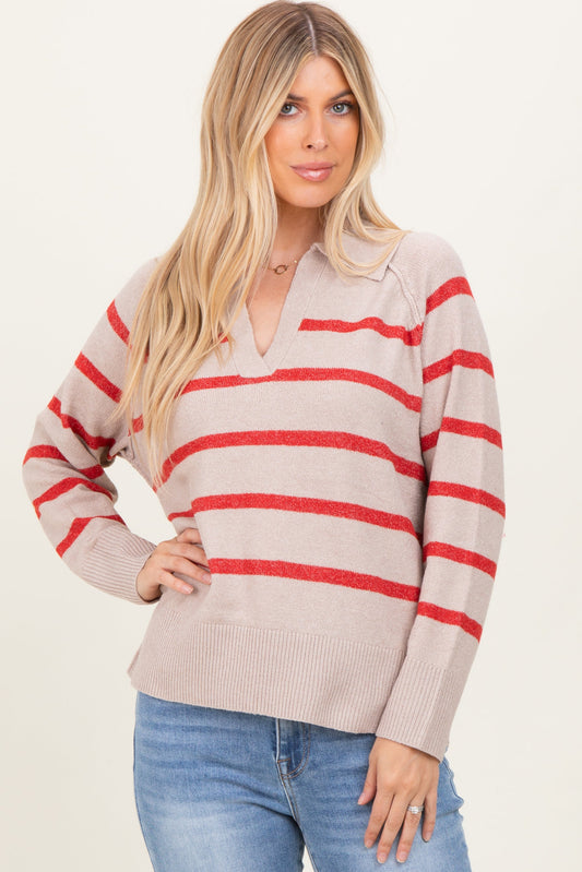 Beige Striped Oversized Polo Sweater