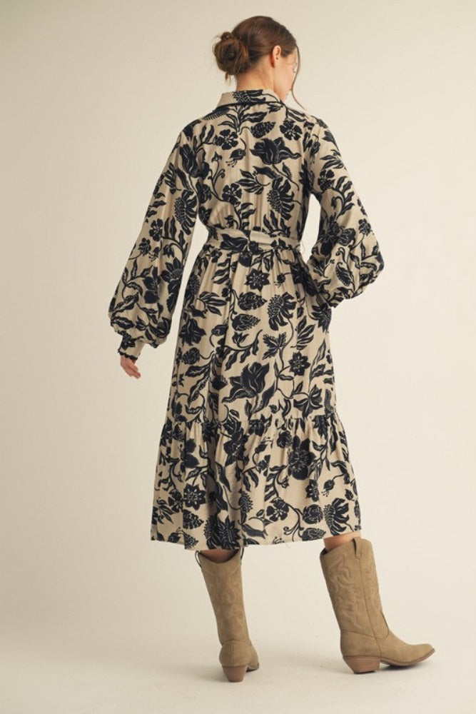 Beige Floral Button Down Bubble Sleeve Shirt Dress