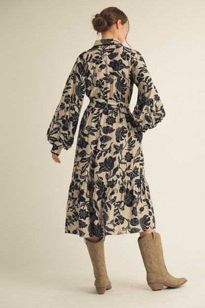 Beige Floral Button Down Bubble Sleeve Shirt Dress