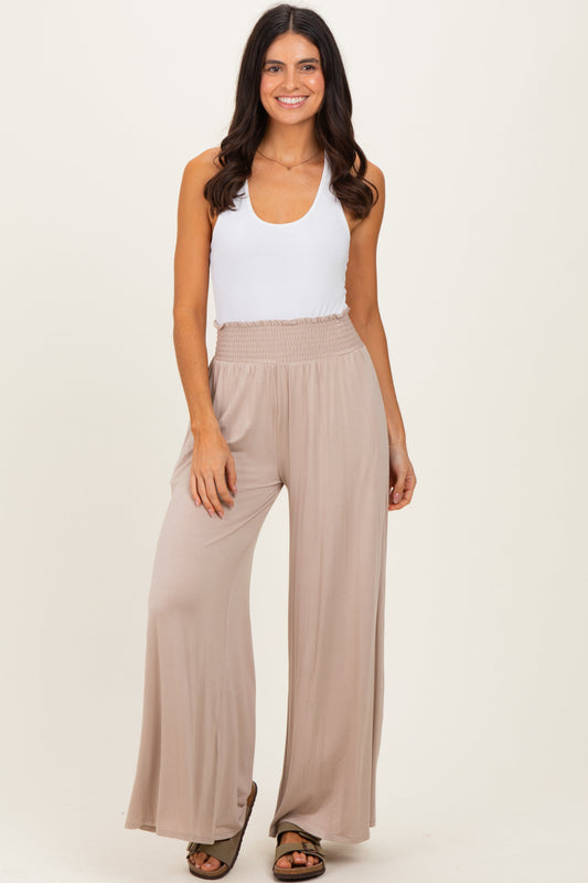 Ash Mocha Smocked Waist Wide Leg Pants
