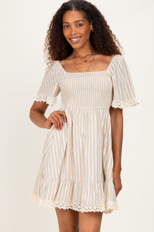 Beige Striped Smocked Lace Trim Dress