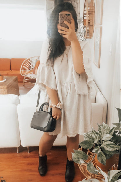 Beige Raw Edge Bell Sleeve Babydoll Dress