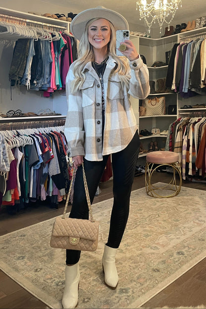 Beige Plaid Knit Shirt Jacket