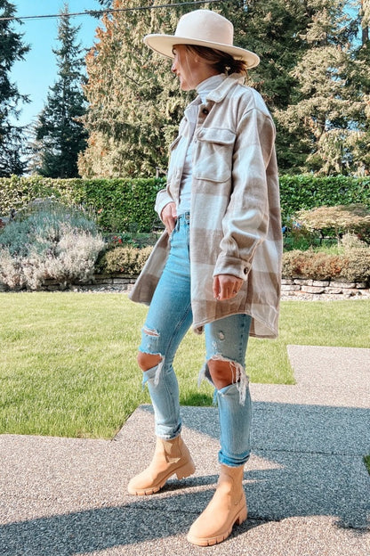 Beige Plaid Brushed Long Shacket