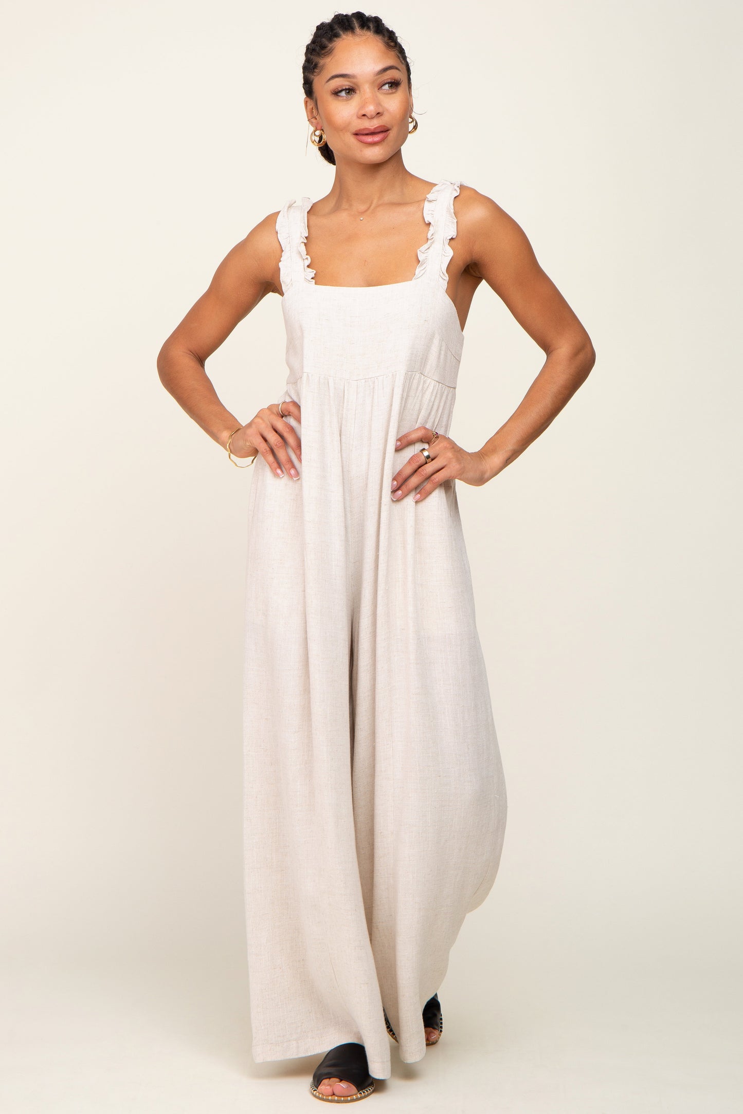 Beige Ruffle Trim Back Tie Jumpsuit
