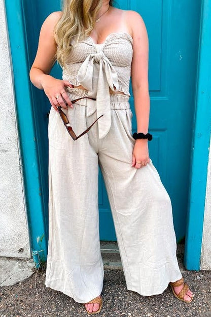 Beige Front Tie Crop Top and Pant Set