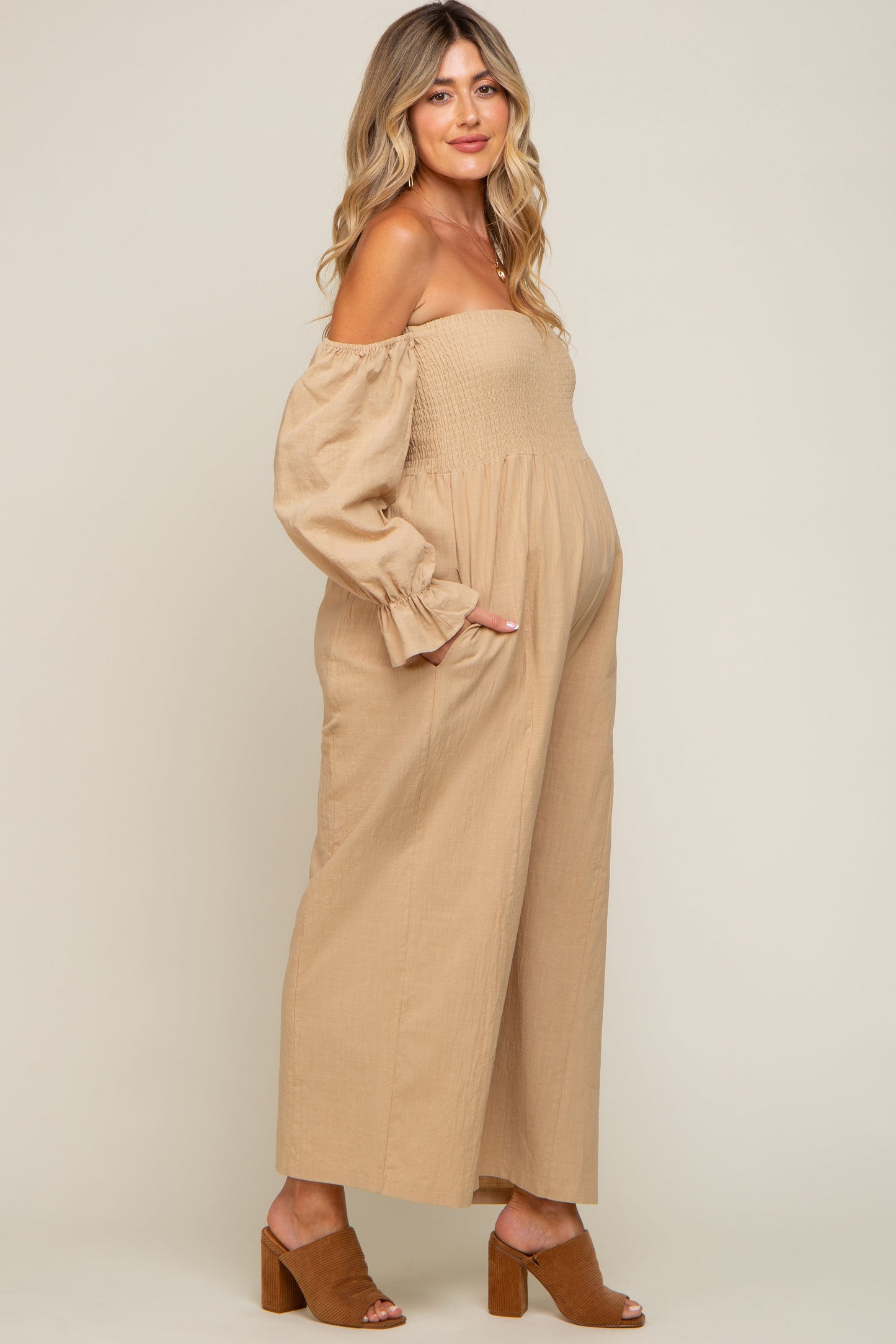 Beige Linen Smocked Off Shoulder Wide Leg Maternity Jumpsuit