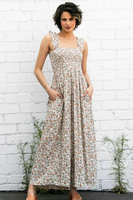 Beige Sleeveless Floral Smocked Ruffle Jumpsuit
