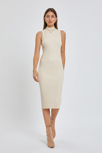 Beige Ribbed Fitted Mock Neck Maternity Dress