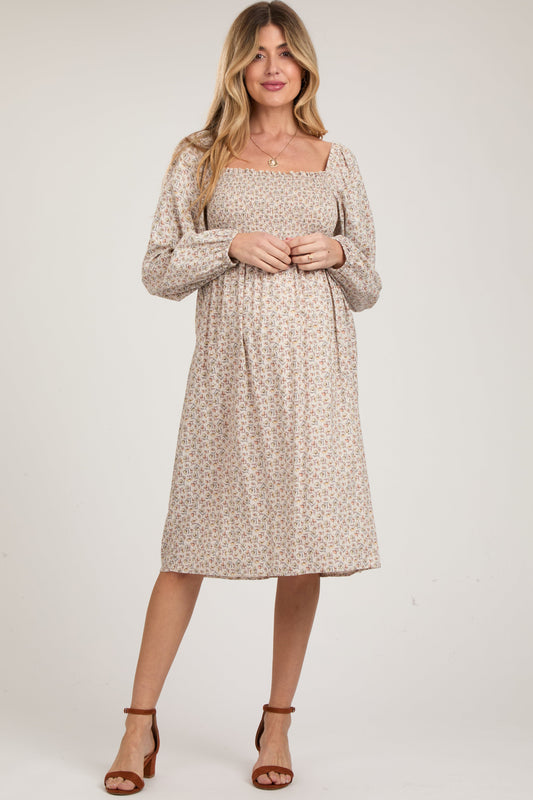 Beige Floral Print Long Sleeve Maternity Midi Dress