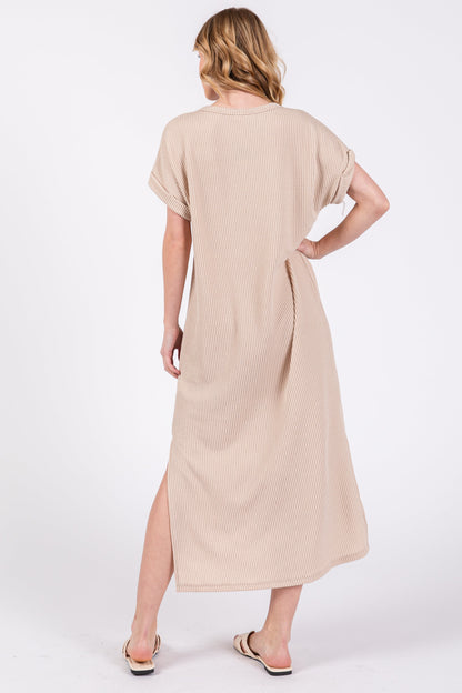 Beige Ribbed Short Sleeve Midi Dress