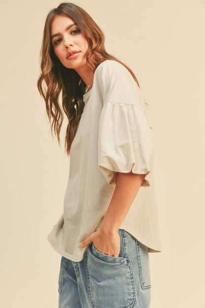 Beige Drop Shoulder Puff Sleeve Top