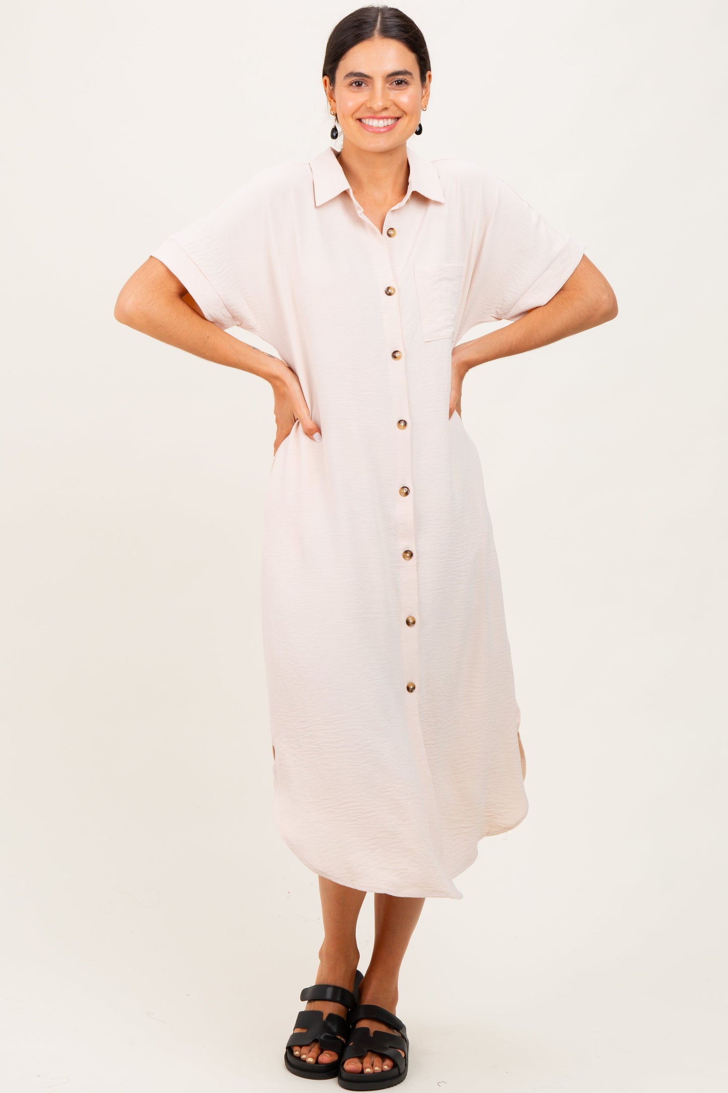 Beige Button Down Front Pocket Midi Dress