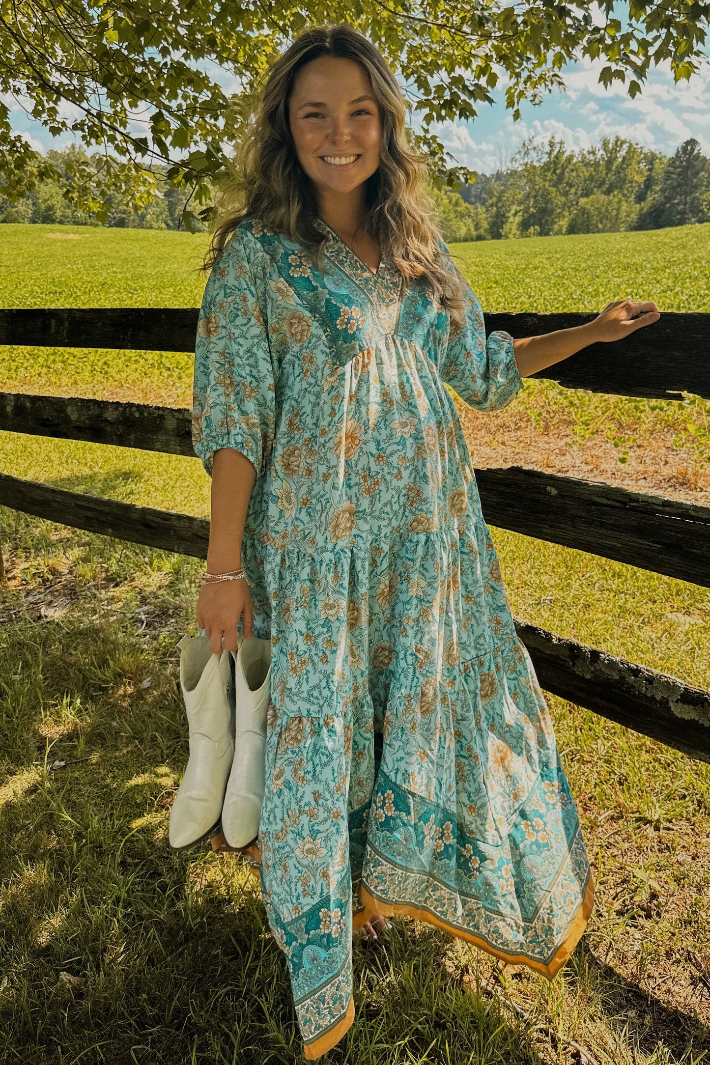 Aqua Floral Border Print V-Neck Tiered Maternity Midi Dress