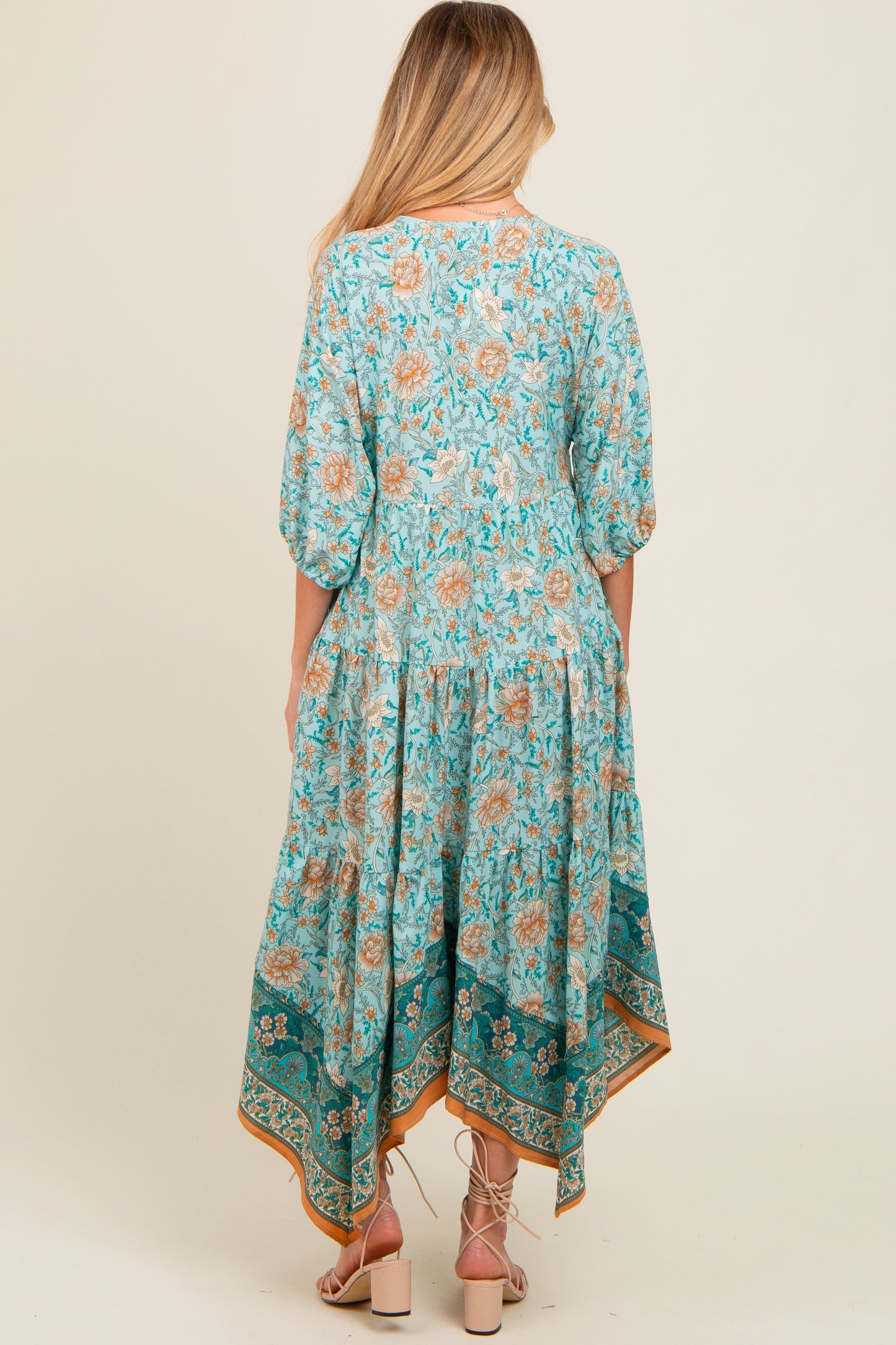 Aqua Floral Border Print V-Neck Tiered Maternity Midi Dress