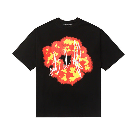 Denim Tears T Shirts Flame Wood Cotton Printed Loose Short Sleeve T-shirt