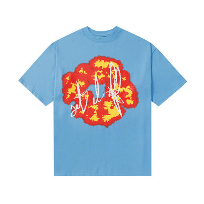 Denim Tears T Shirts Flame Wood Cotton Printed Loose Short Sleeve T-shirt