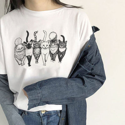 Cat Gang Drawing Women T-Shirt Female Summer Casual Cotton
