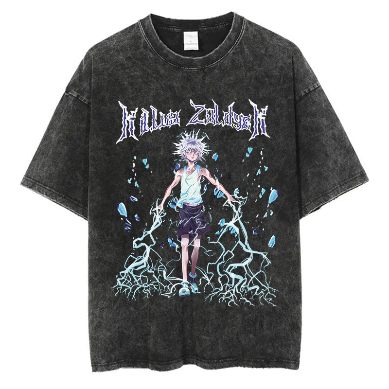Cotton Men Women Washed Vintage T-Shirt Anime Graphic Print
