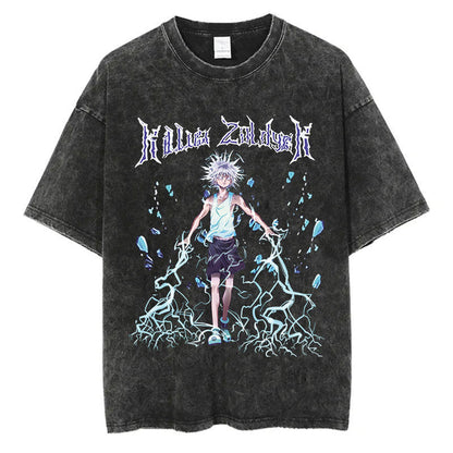 Cotton Men Women Washed Vintage T-Shirt Anime Graphic Print