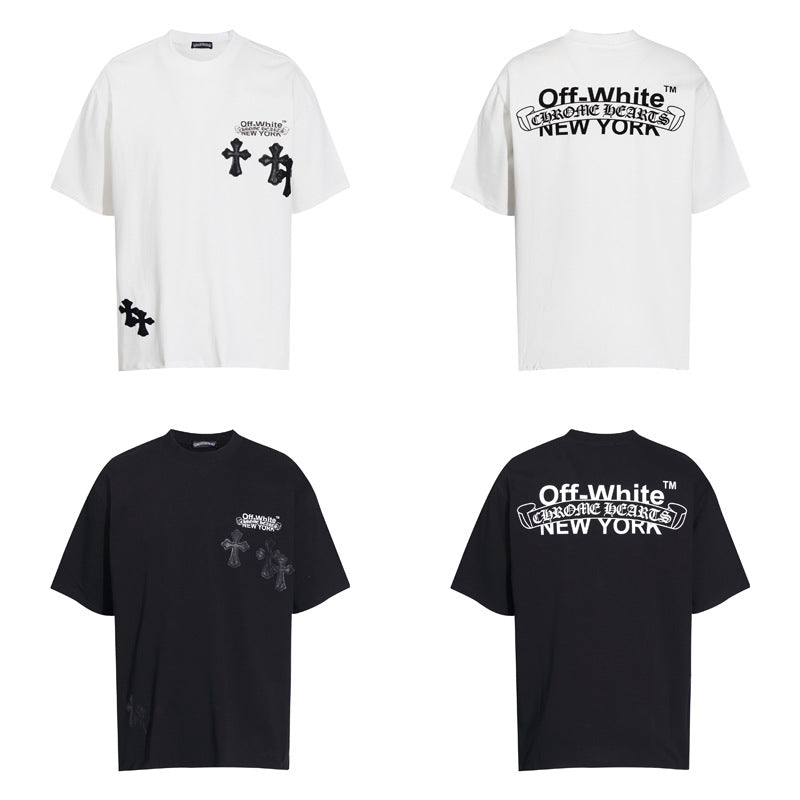 CHH Chrome Heart T Shirts Cross Color Leather Printed Short Sleeve T-Shirt Loose