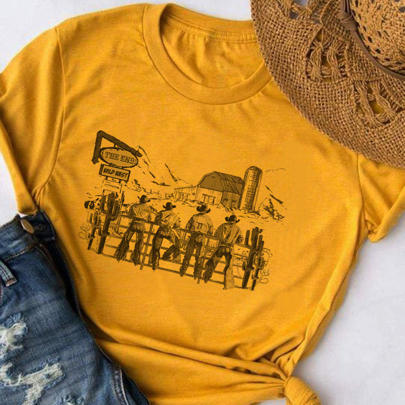 Cowboy Rodeo Hand Drawn Graphic T-Shirts Loose Short Sleeve