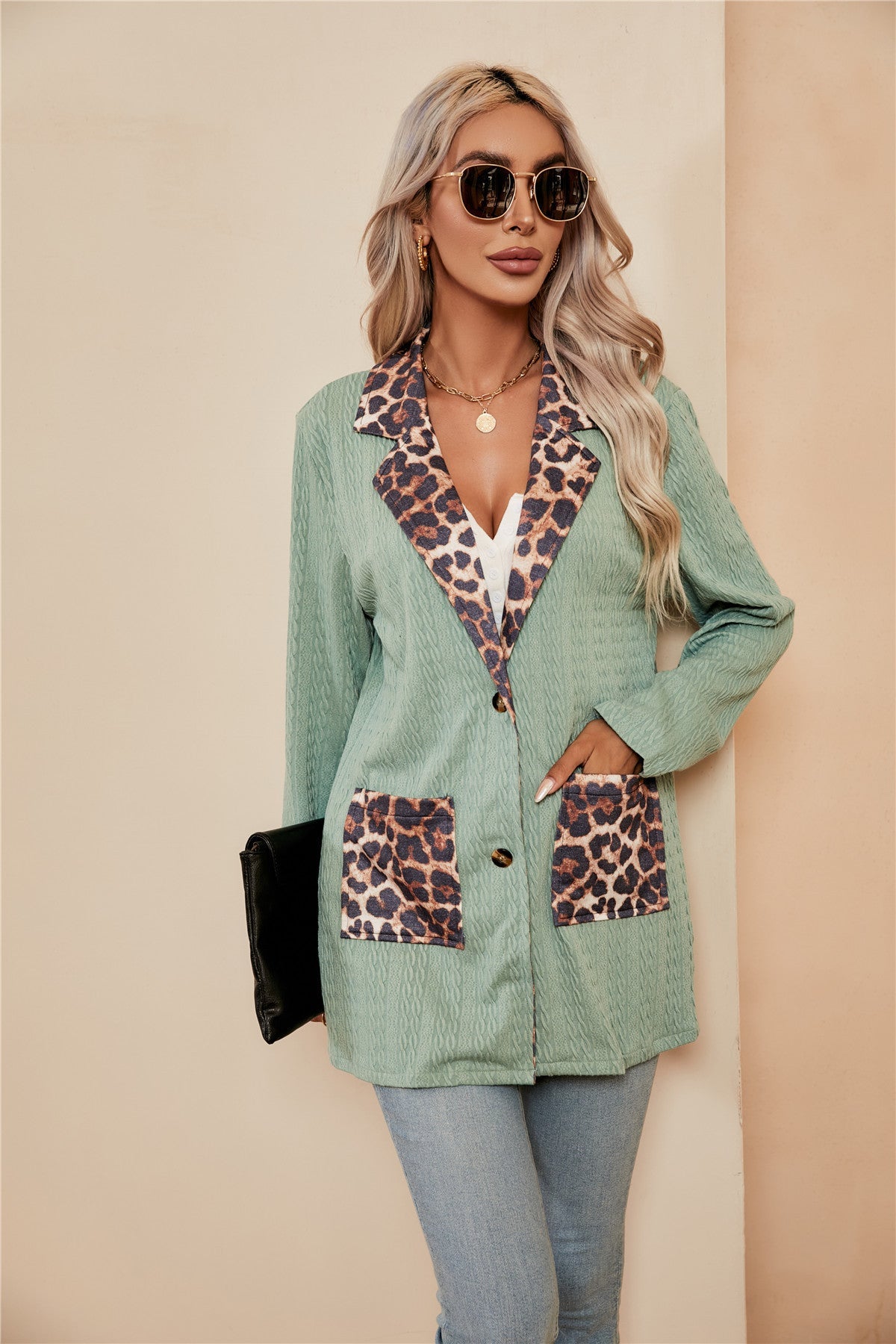 Beth Dutton Wardrobe Leopard Splicing Cardigan Women's Suit Lapel Suit Jacket Tops