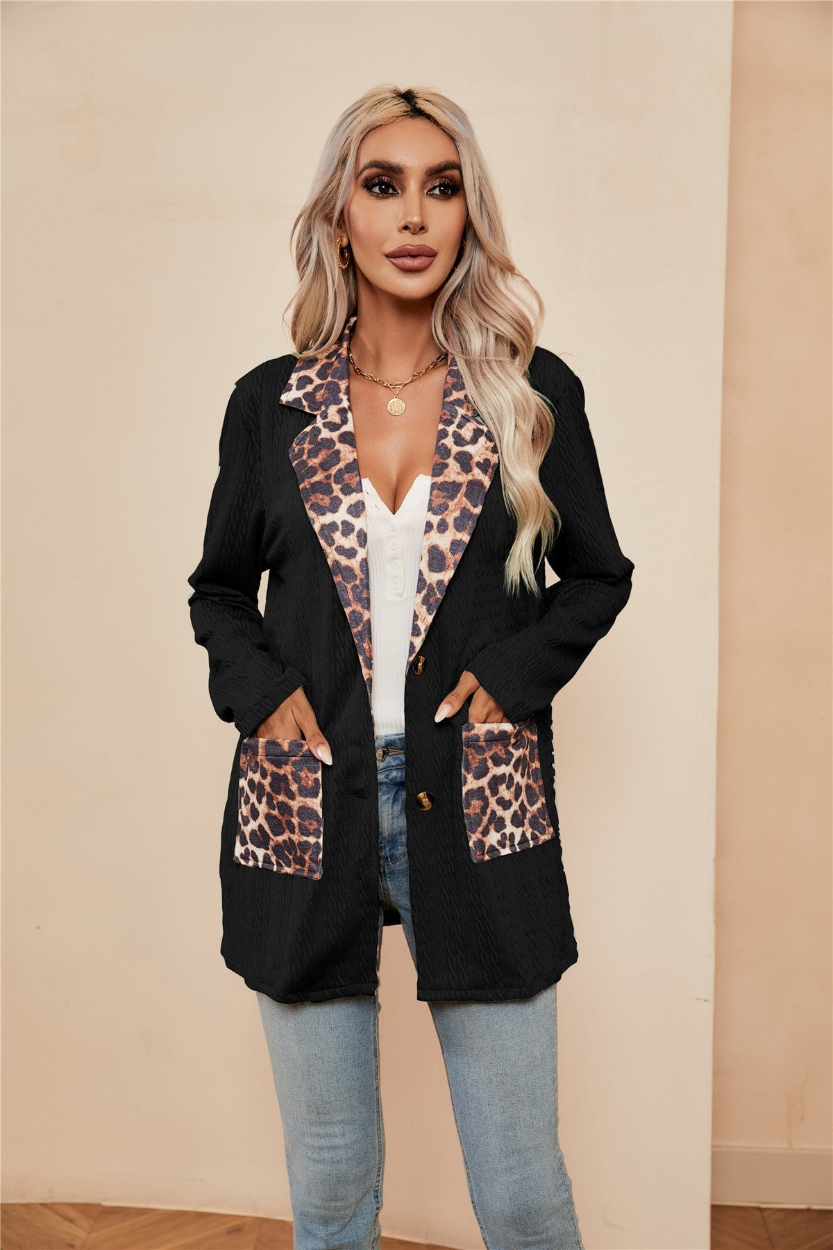 Beth Dutton Wardrobe Leopard Splicing Cardigan Women's Suit Lapel Suit Jacket Tops